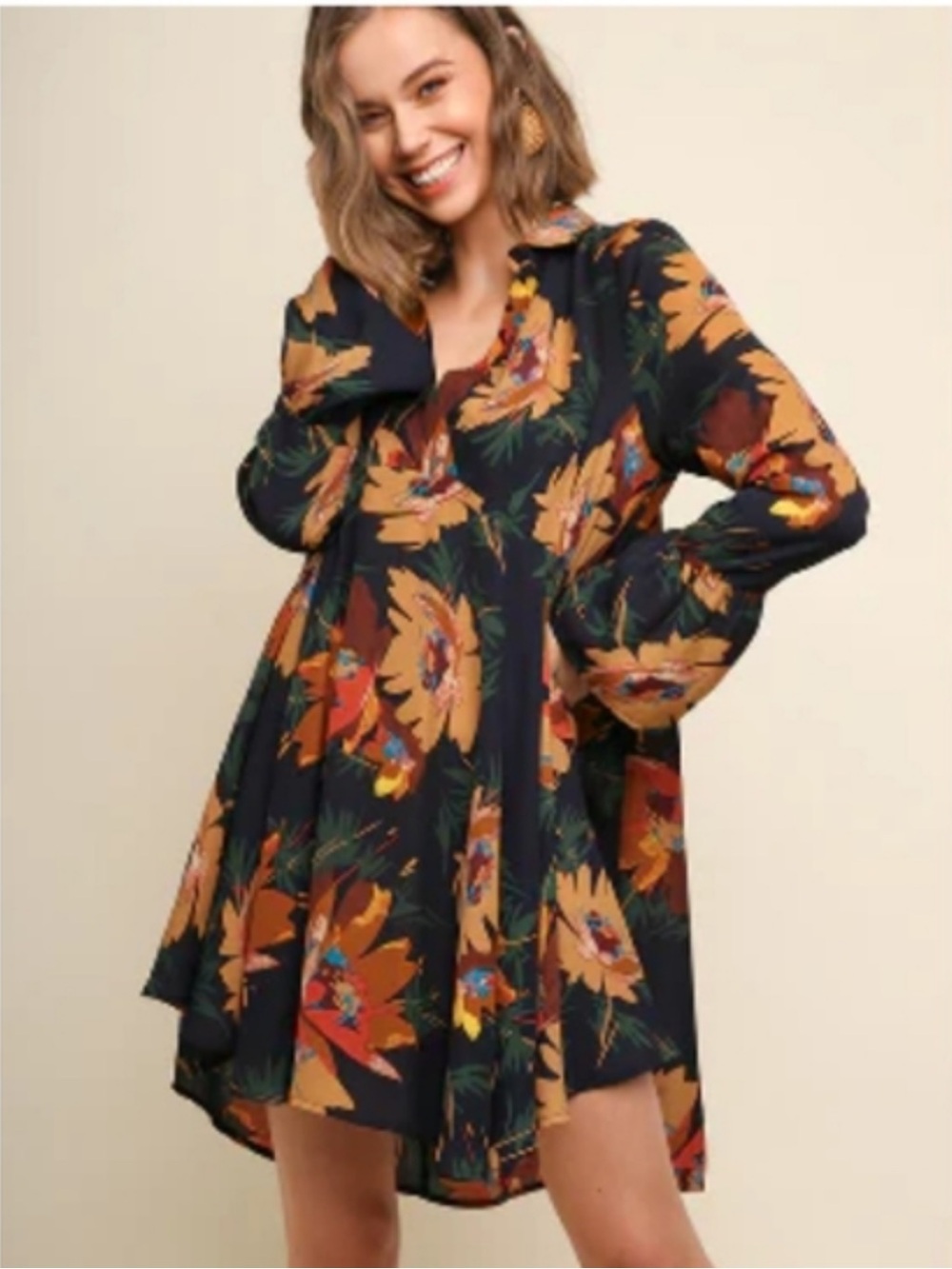 Umgee Navy Floral Tunic Swing Dress Size Medium